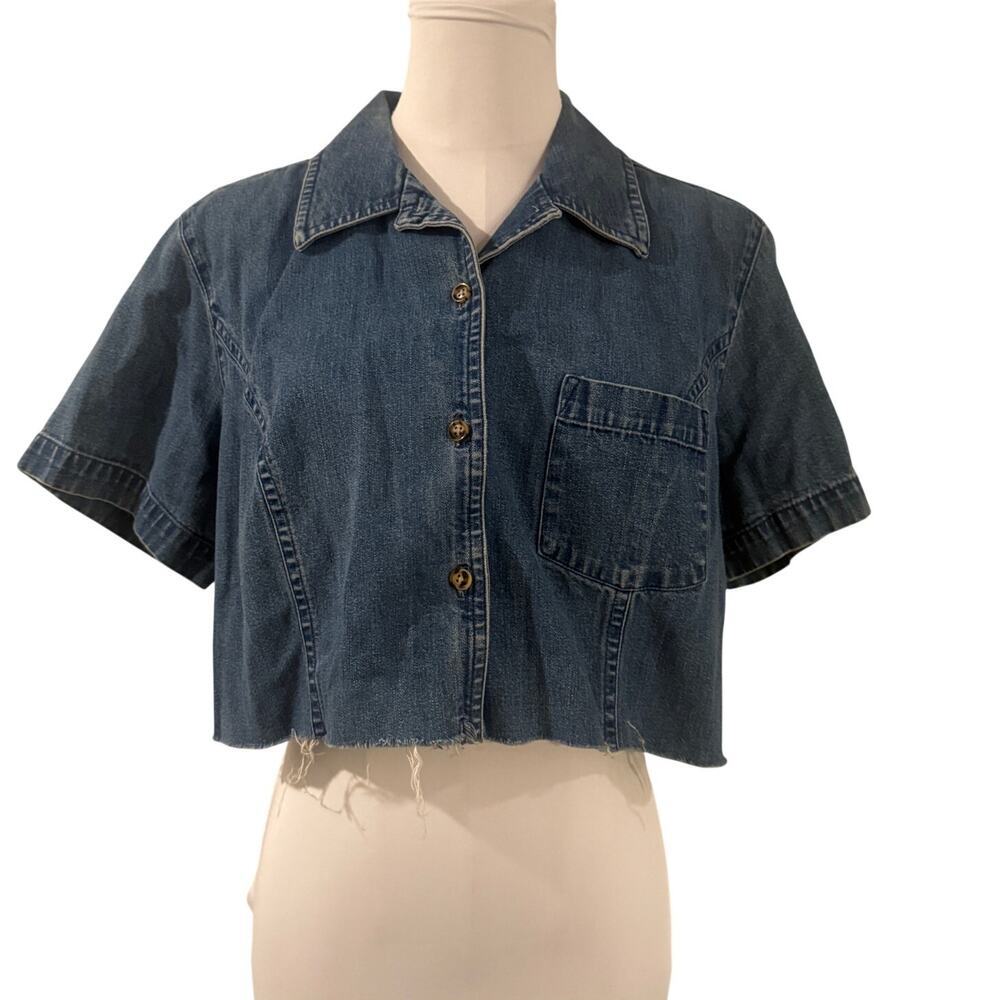 Vintage Talbots Cropped Cotton Denim Button Front Shirt Blue Medium Retro Y2k